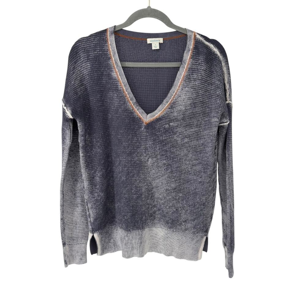 Sundance Acid Wash V-Neck Long Sleeve Cotton Waffle Knit Sweater Small